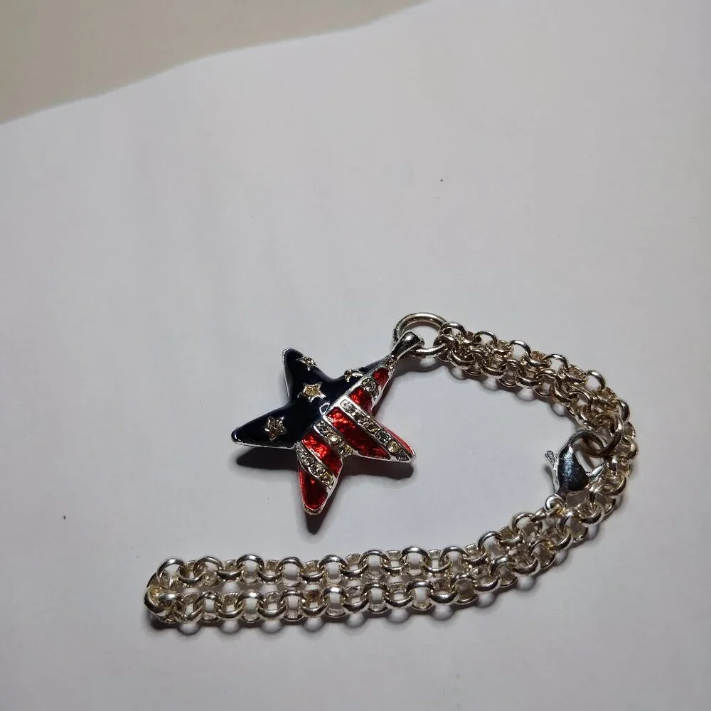 Tommy Hilfiger Vintage Bracelet Star Stripes Charm USA Silver Plated Adjustable